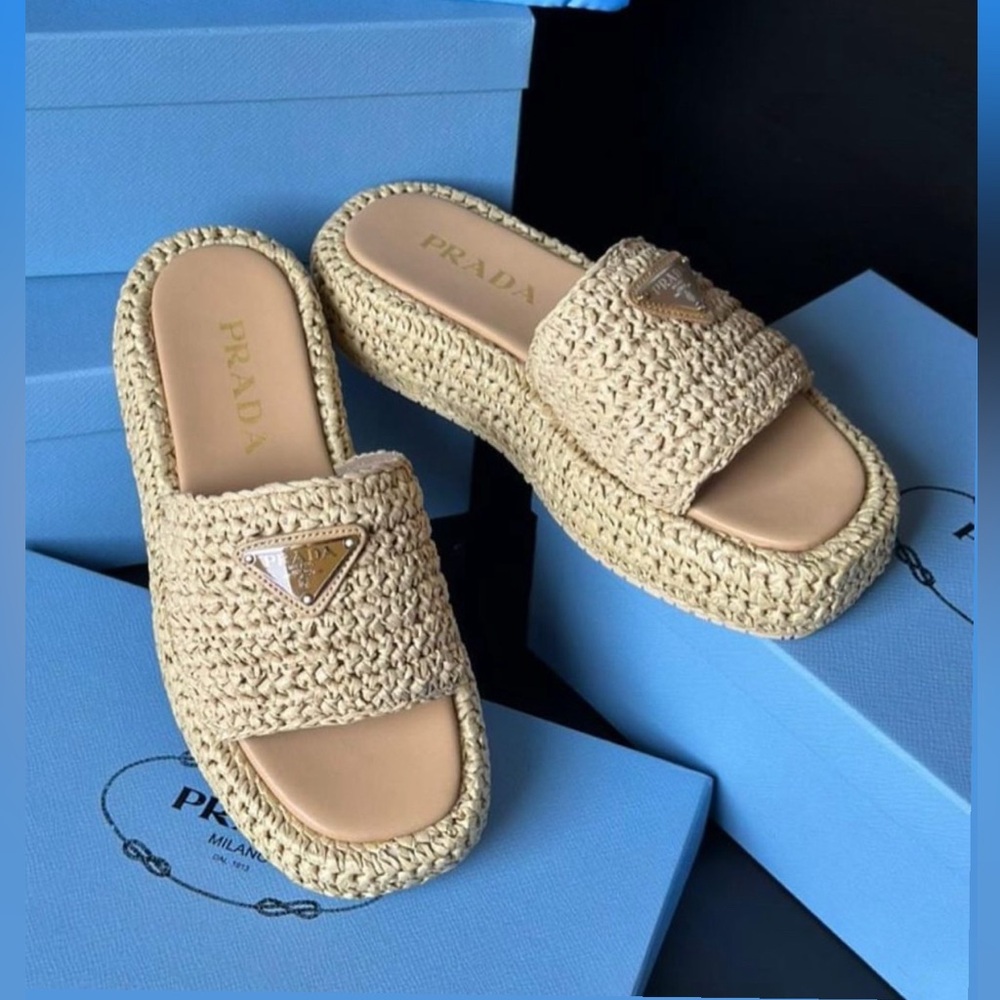 Prada Tan Woven Slide Sandals